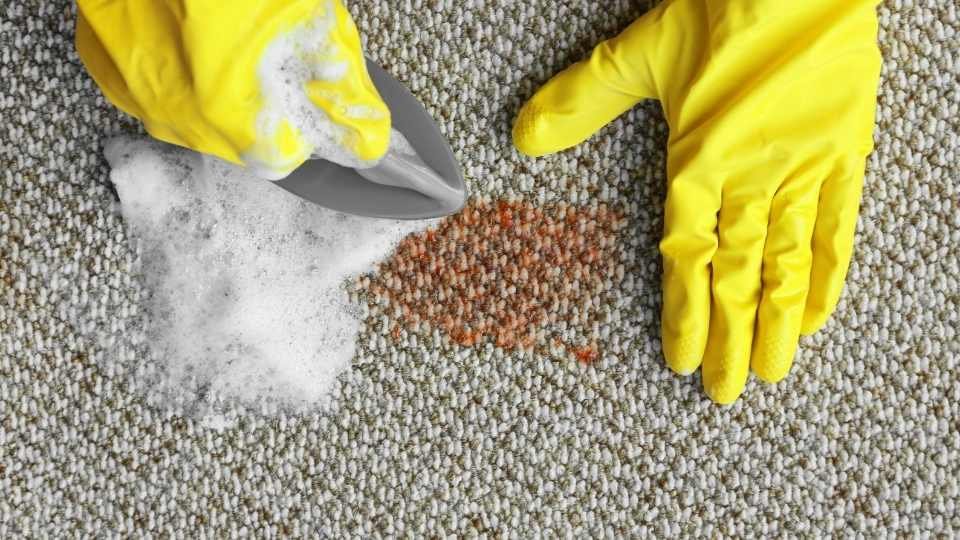 Yellow gloves & brush removing stain from carpet by Carpet Cleaning of Dearborn